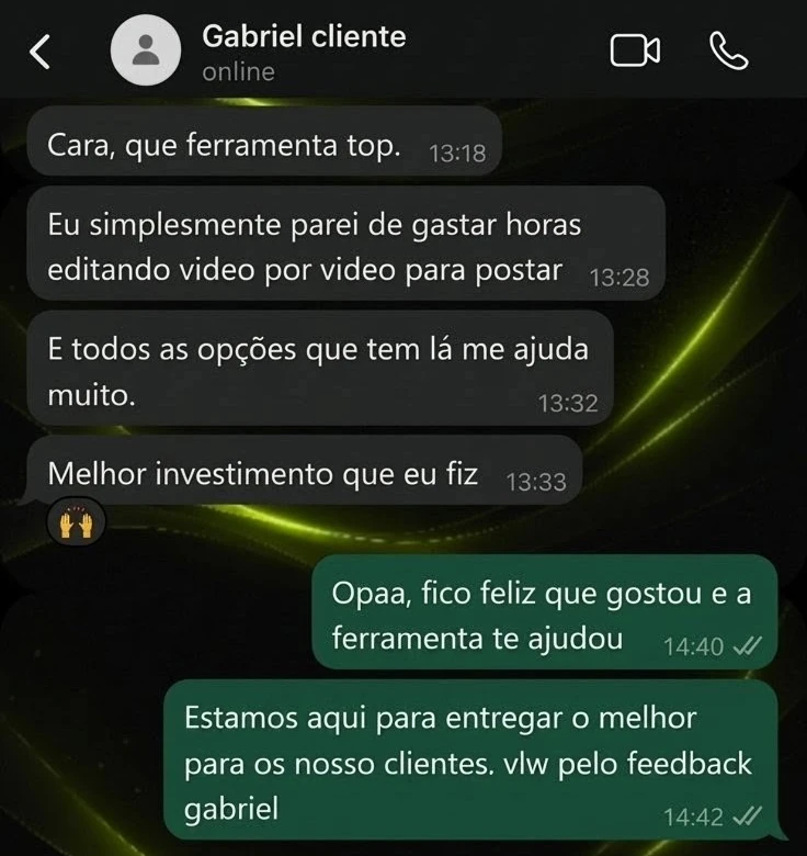 Conversa no WhatsApp com Gabriel, cliente do MultiplikaReels, elogiando a ferramenta